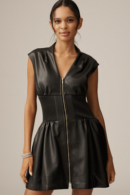 By Anthropologie The Tommie Faux-leather Front-zip Mini Shirt Dress In Black