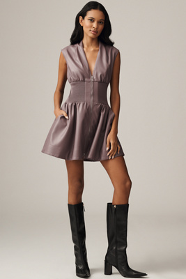 By Anthropologie The Tommie Faux-leather Front-zip Mini Shirt Dress In Purple