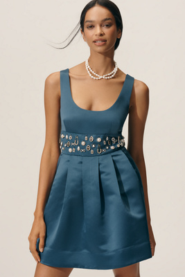 Maeve Satin Belted Charm Mini Dress In Blue