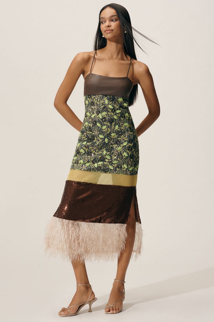 By Anthropologie Mixed Print Faux-Feather Midi Dress
