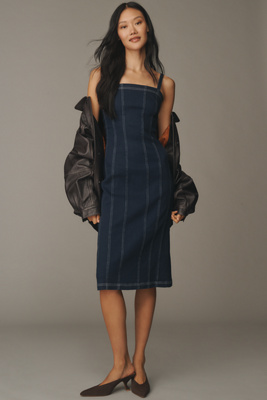 Pilcro Square-neck Seamed Denim Midi Dress In Blue