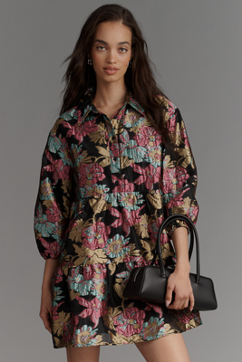 Maeve The Bettina Tiered Jacquard Mini Shirt Dress By  In Brown