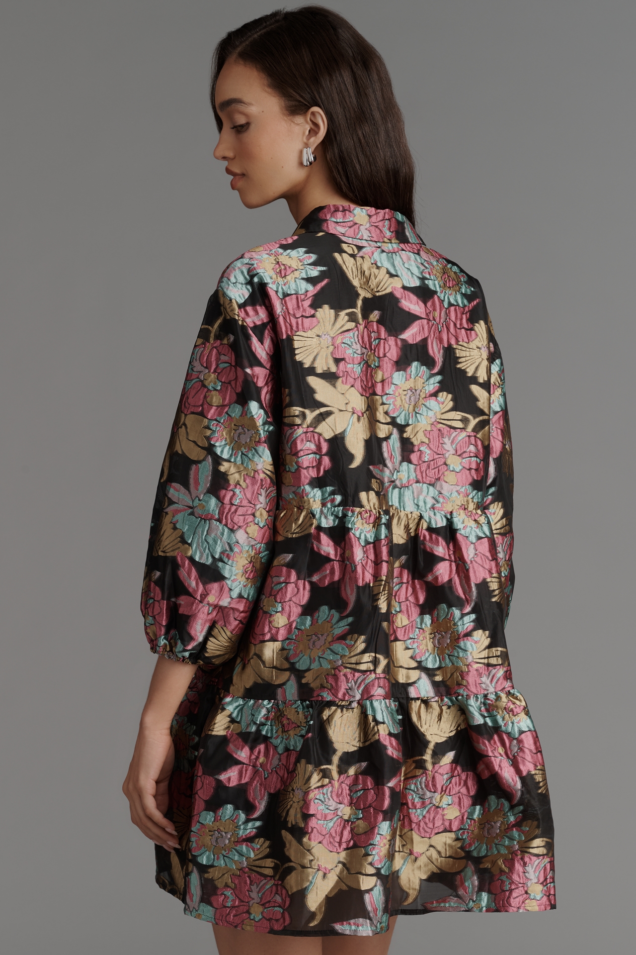 The Bettina Tiered Jacquard Mini Shirt Dress by Maeve