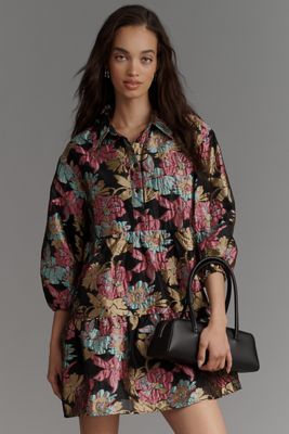 The Bettina Tiered Jacquard Mini Shirt Dress by Maeve