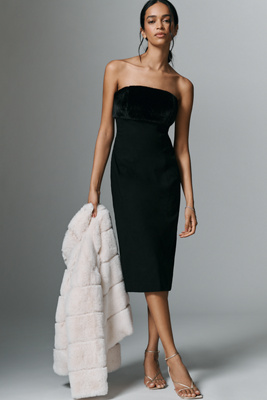 By Anthropologie Bandeau Faux-fur Trim Slim Midi Dress In Black