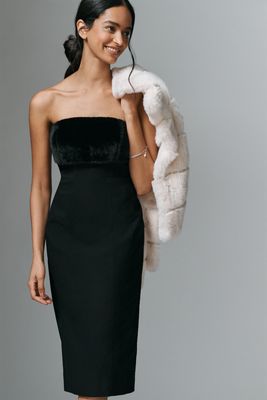 By Anthropologie Strapless Faux Fur Trim Slim Midi Dress