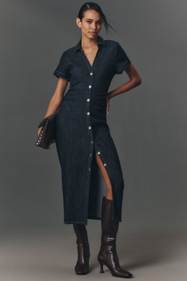Pilcro Short-sleeve Ruched Denim Midi Shirt Dress In Black