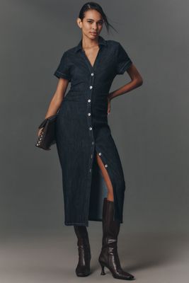 Robe chemise en denim froncée Pilcro à manches courtes mi-longues