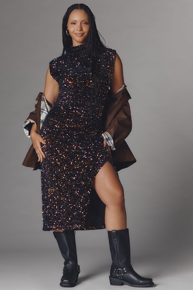 The Maya Ruched Cowl-Neck Sequin Mesh Dress #7