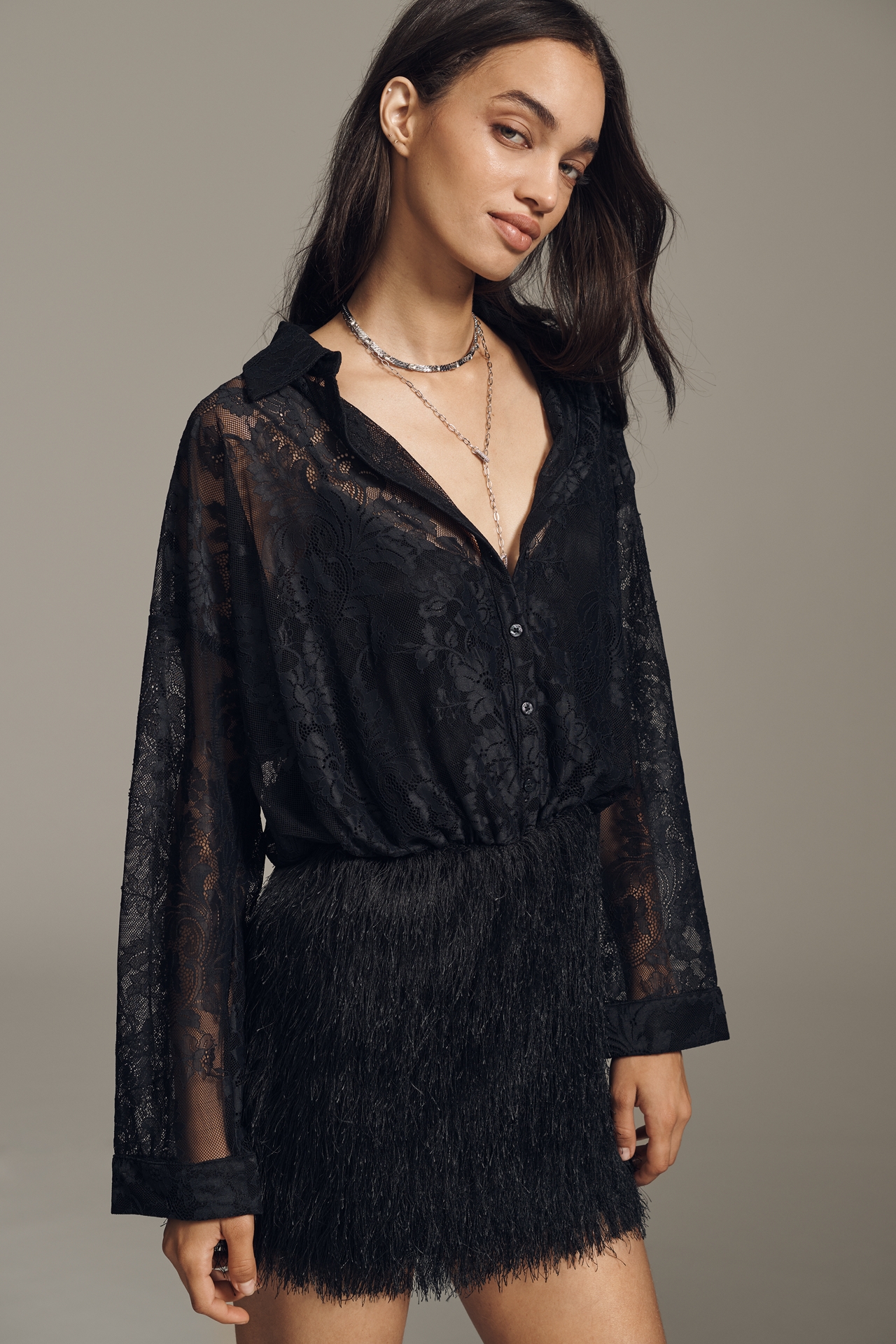 Maeve Fringe Twofer Mini Shirt Dress