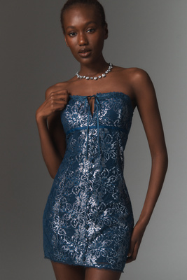 Maeve Strapless Metallic Mini Dress In Blue