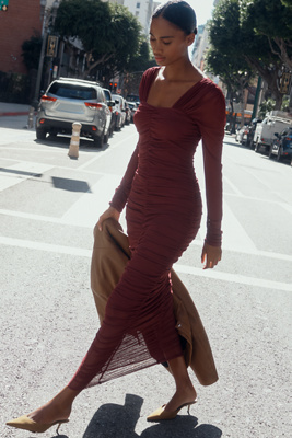 By Anthropologie Long-sleeve Ruched Slim Midi Dress In Purple