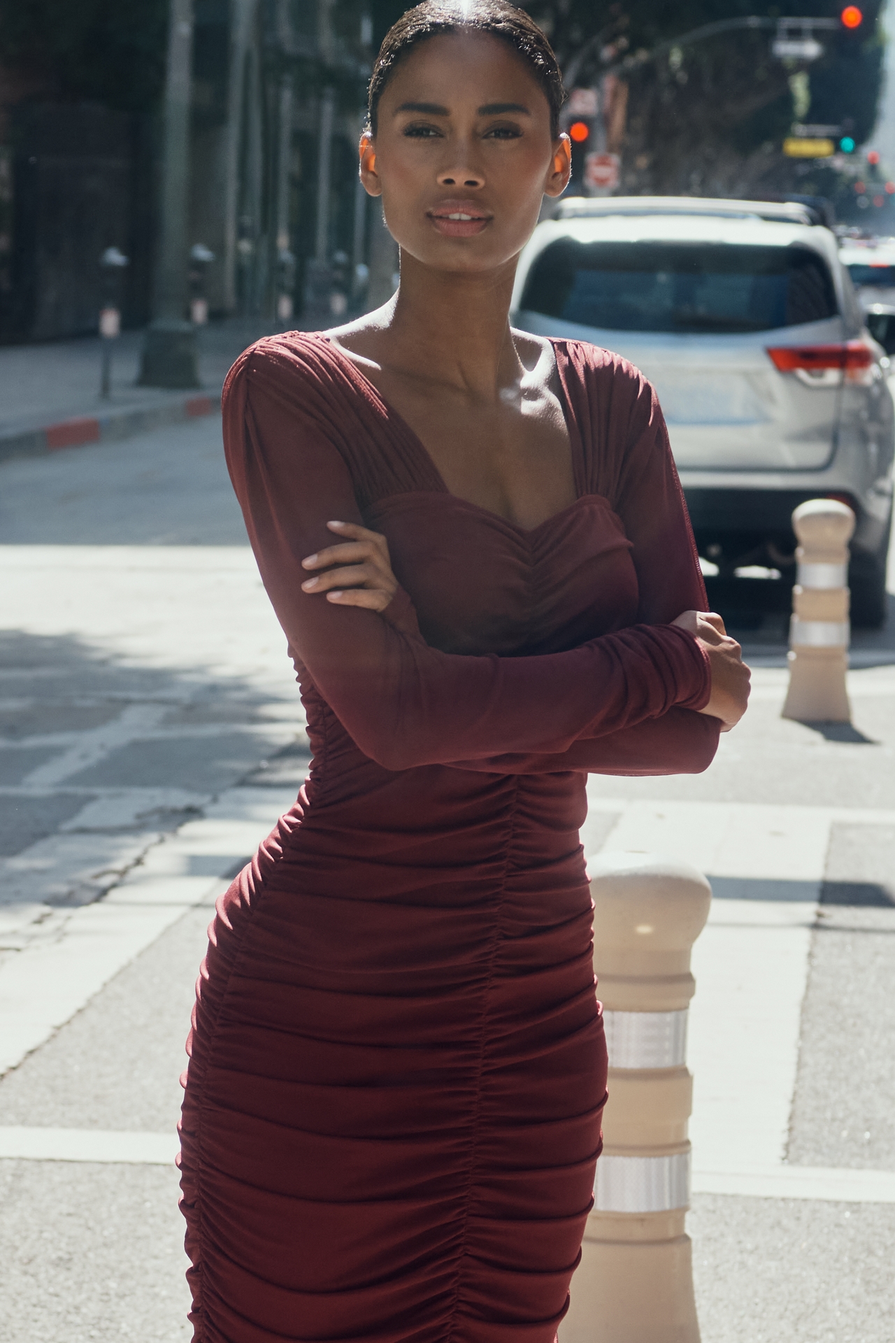 By Anthropologie Long-Sleeve Ruched Slim Midi Dress