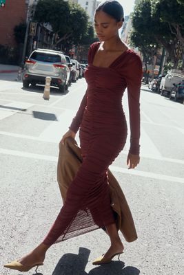 By Anthropologie Long-Sleeve Ruched Slim Midi Dress