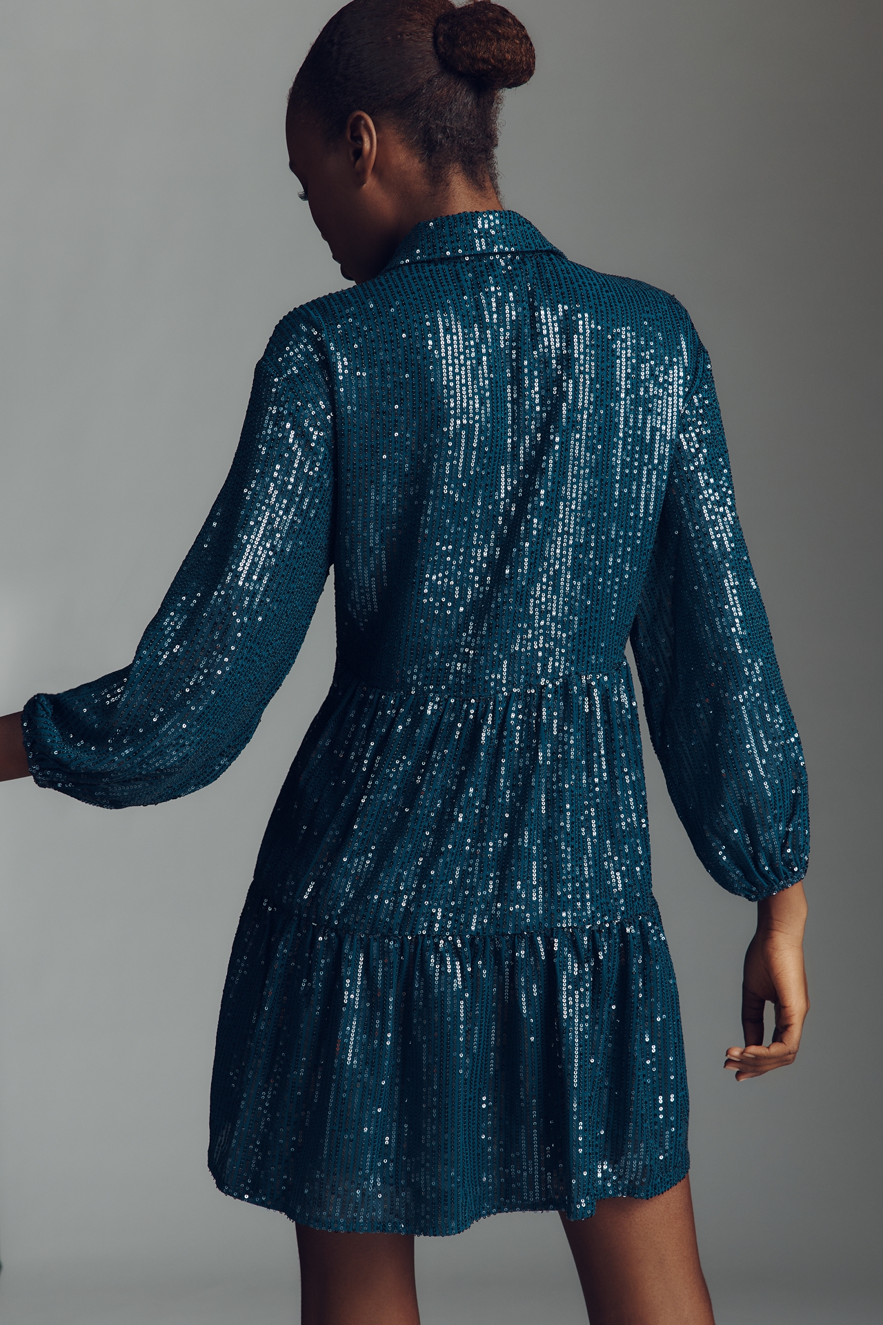 The Bettina Sequin Tiered Mini Shirt Dress by Maeve