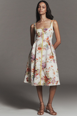 Maeve Square-neck Piped Floral Midi Dress In Multi
