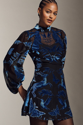 By Anthropologie Velvet Burnout High-neck Long-sleeve Mini Dress In Blue