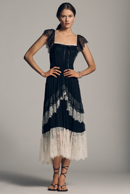 by anthropologie corset tiered lace ruffle dress Flutter-Sleeve in Black, Size: Large Size:US 26W / UK 30 / EU 56 provencia Age_Age Group: Adult Midi dress Sleeve Dress by Anthropologie