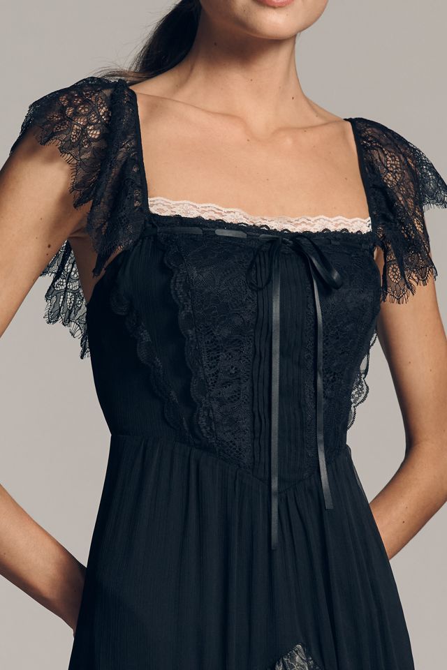 Tiered Ruffle Flutter-Sleeve Dress by Anthropologie in Black, Size: Large