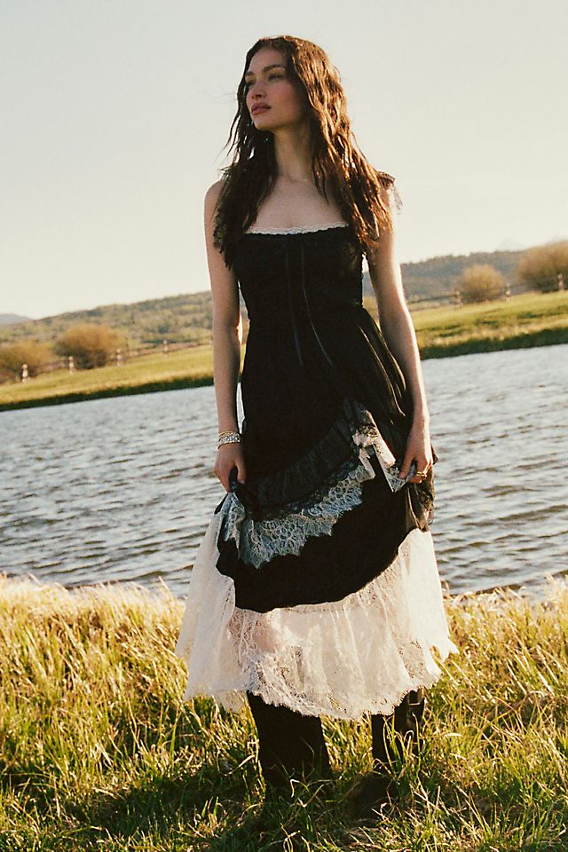 anthropologie black dress Lace-Trim Midi Slip by in Black, Size: XL Womens Size By Anthropologie Tiered Ruffle Flutter-Sleeve