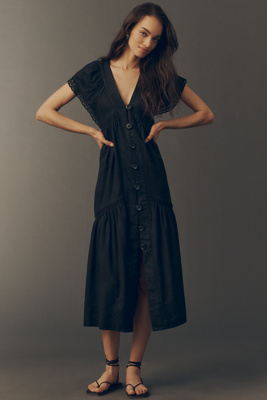 The Reneé Flutter-Sleeve Linen Button-Front Midi Dress