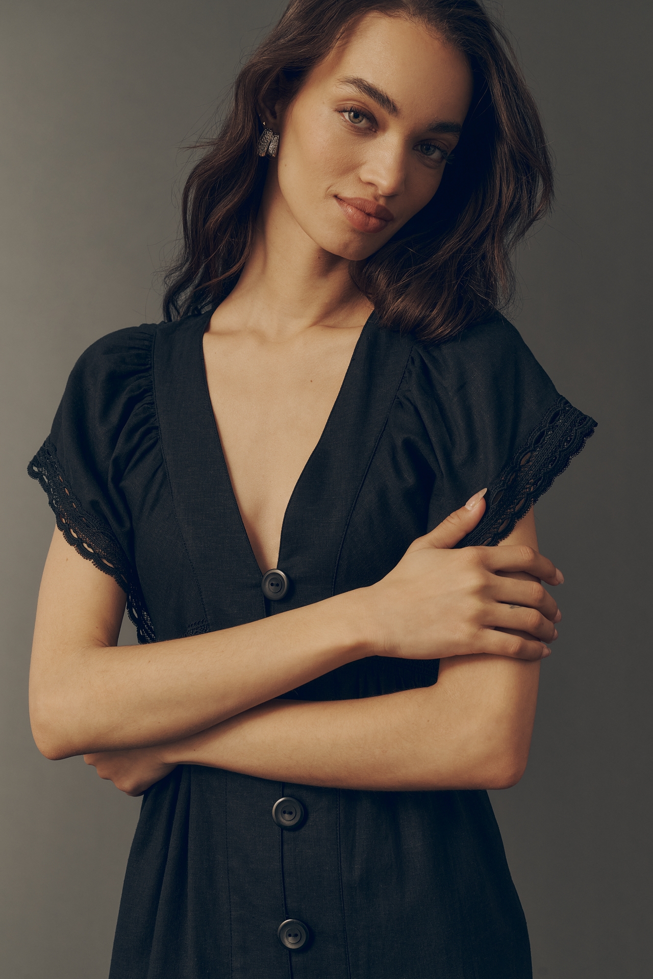 The Reneé Flutter-Sleeve Linen Button-Front Midi Dress