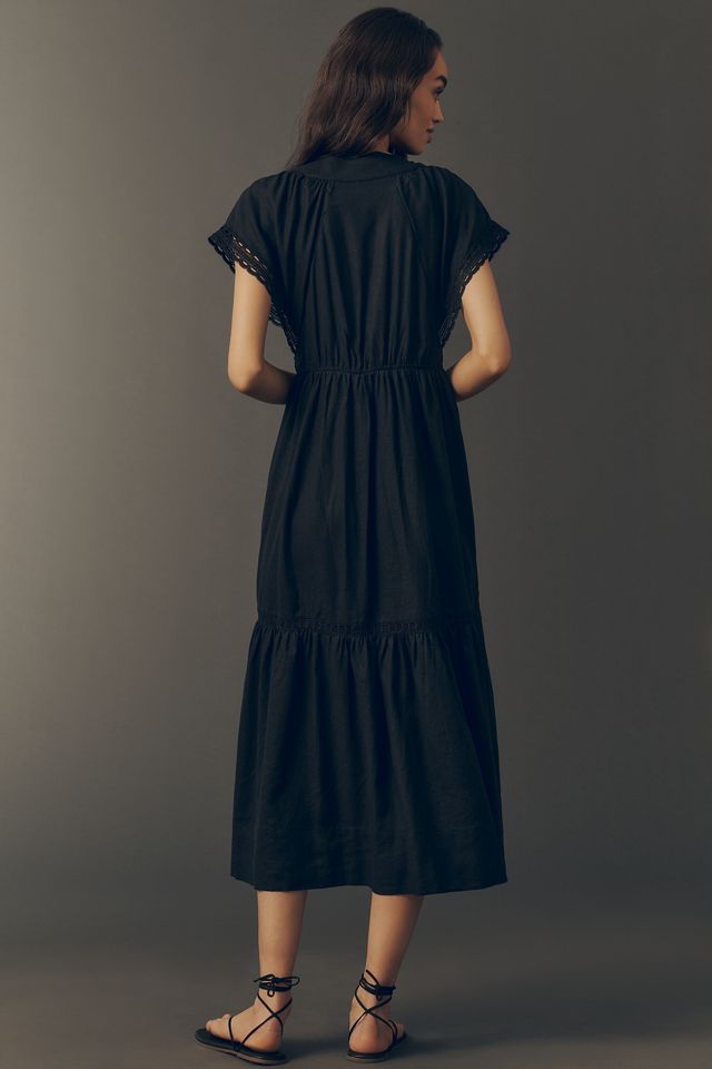 Rene Flutter-Sleeve Linen Button-Front Midi Dress by Anthropologie in Black, Size: M Petite