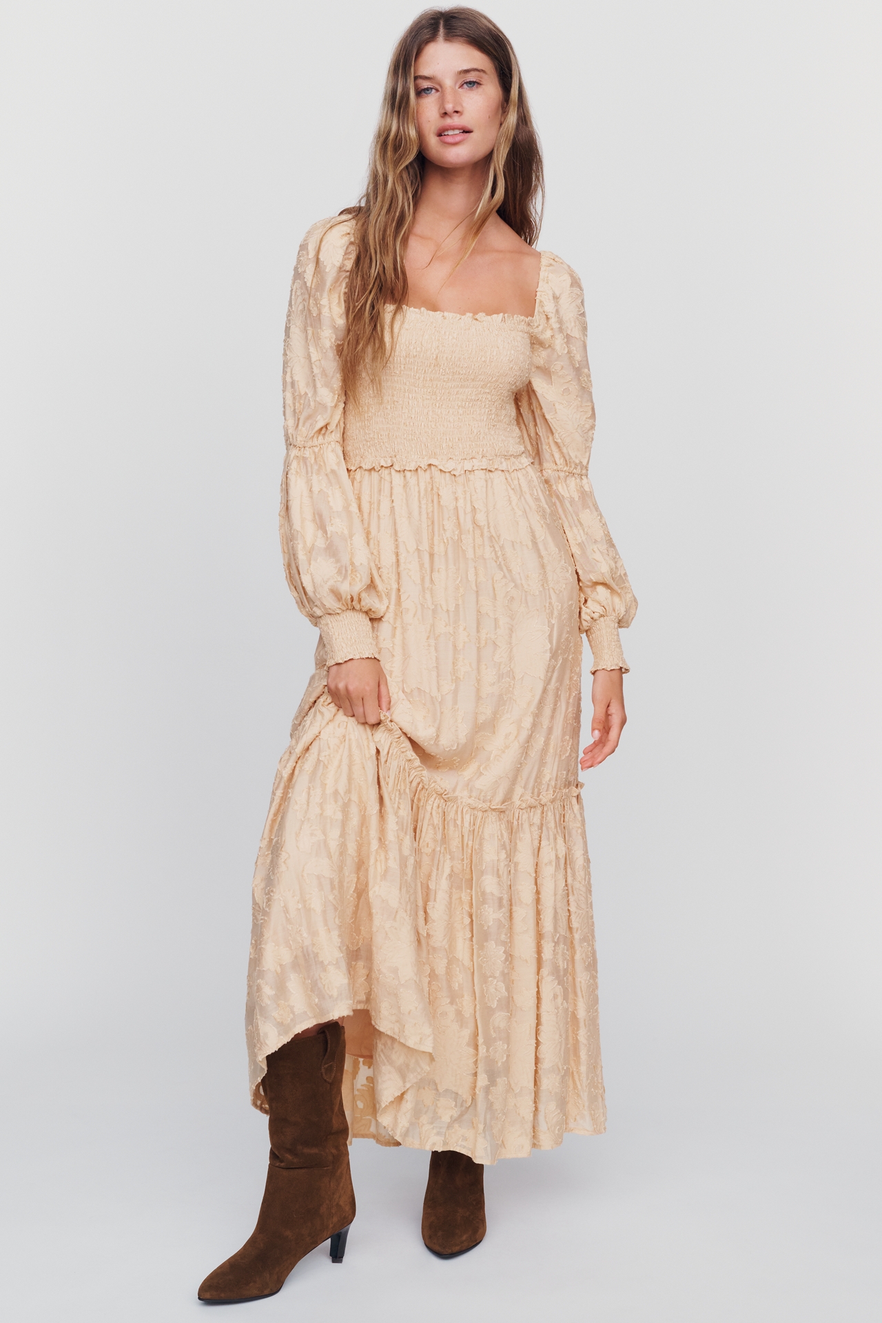 By Anthropologie Tiered Puff Sleeve Midi Dress