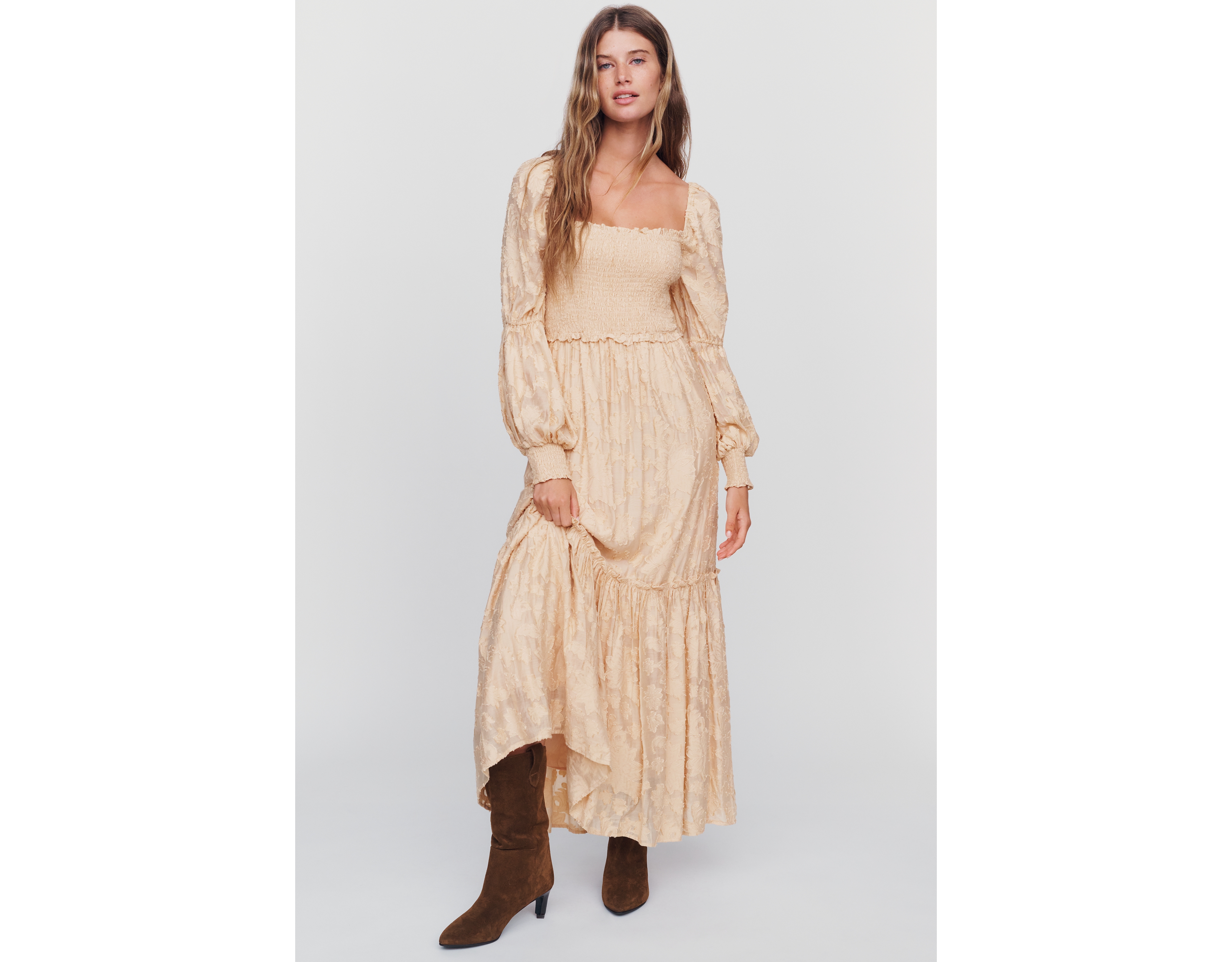 By Anthropologie Tiered Puff Sleeve Midi Dress