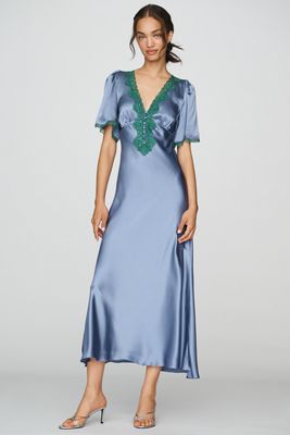 By Anthropologie 100% Silk Lace-Trim Maxi Dress