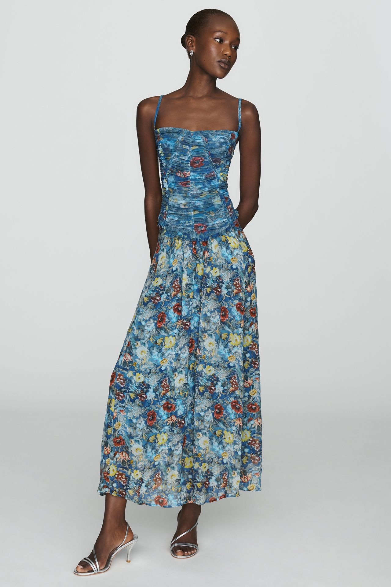 By Anthropologie Ruched Mesh Midi Dress