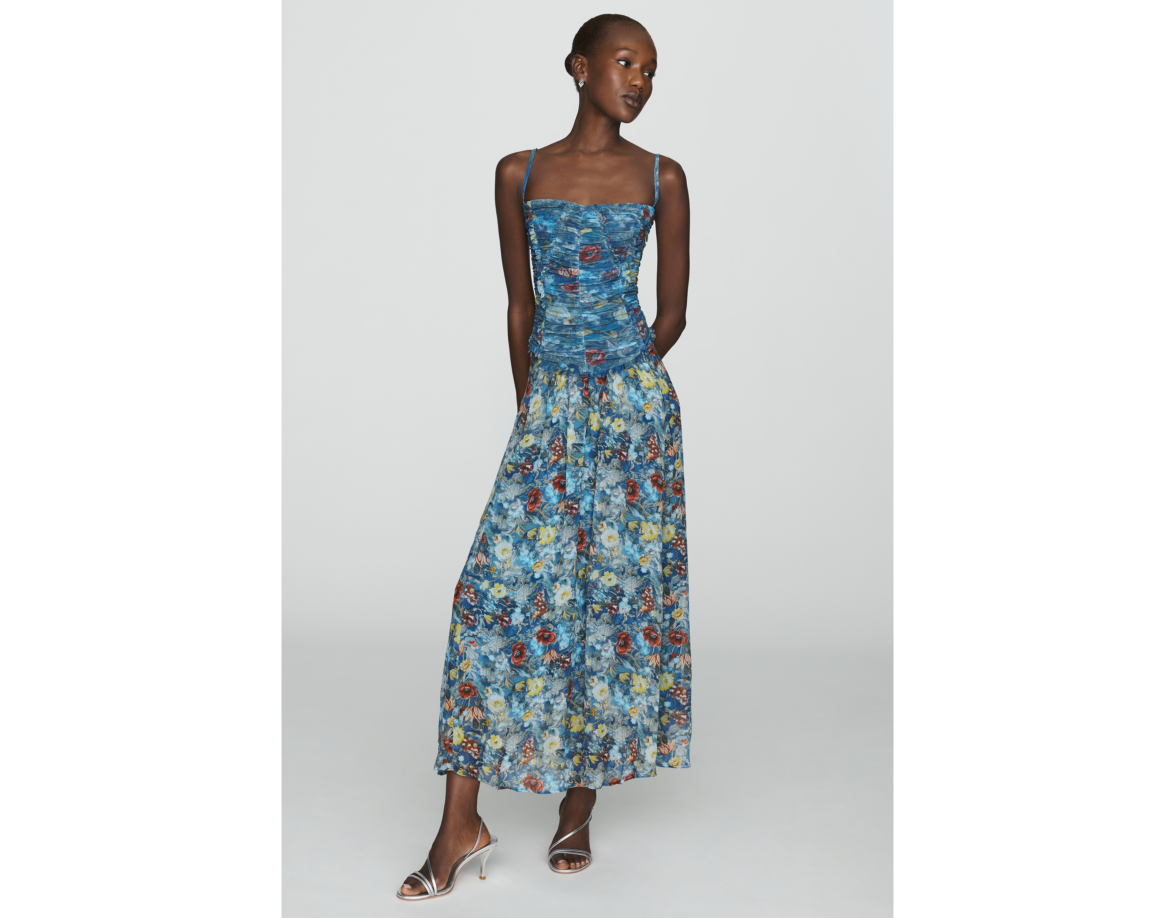 By Anthropologie Ruched Mesh Midi Dress