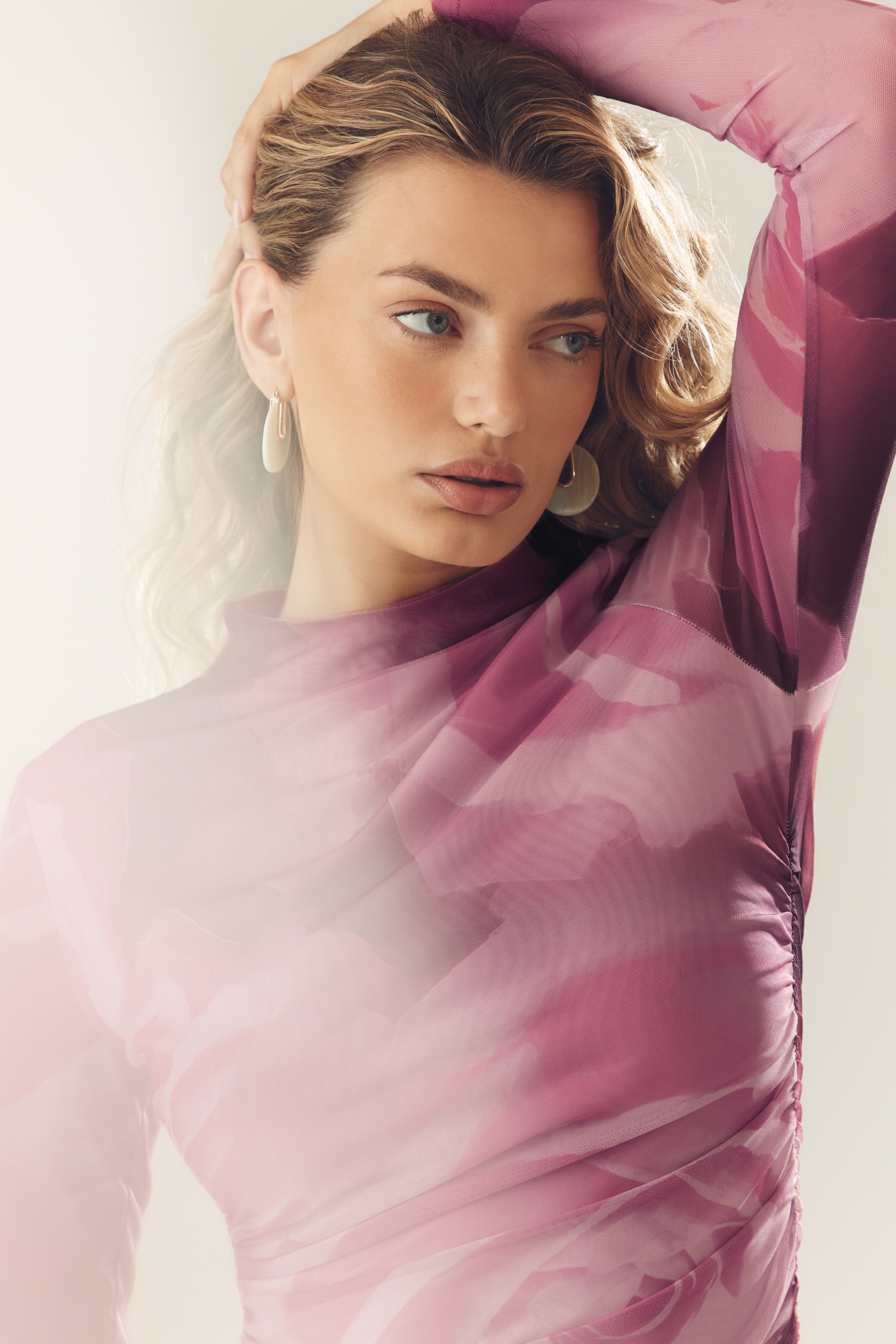 The Maya Ruched Cowl-Neck Dress: Long-Sleeve Mesh Mini Edition