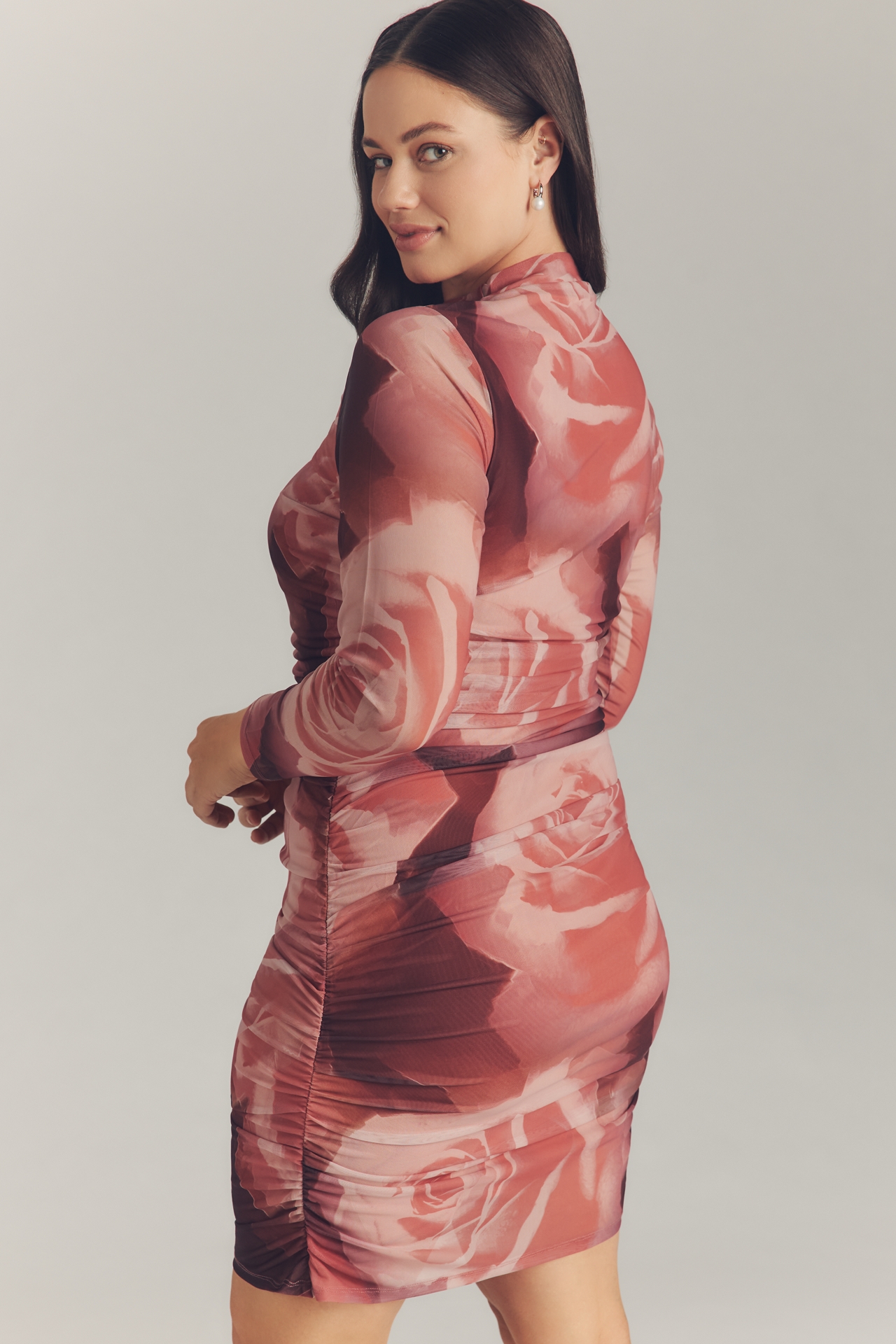 The Maya Long-Sleeve Ruched Cowl-Neck Mini Dress