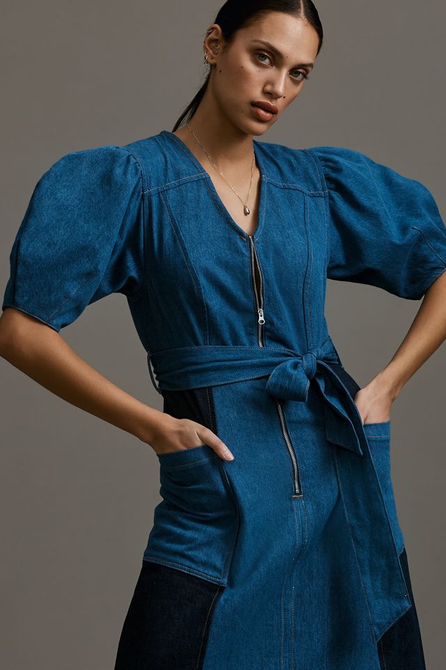 american eagle blue patchwork dress Patchwork Boho Denim Midi Dress with Ruffle Hem Denim / Medium
