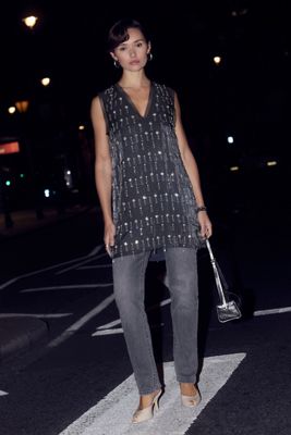 By Anthropologie Beaded V-Neck Mini Shift Dress