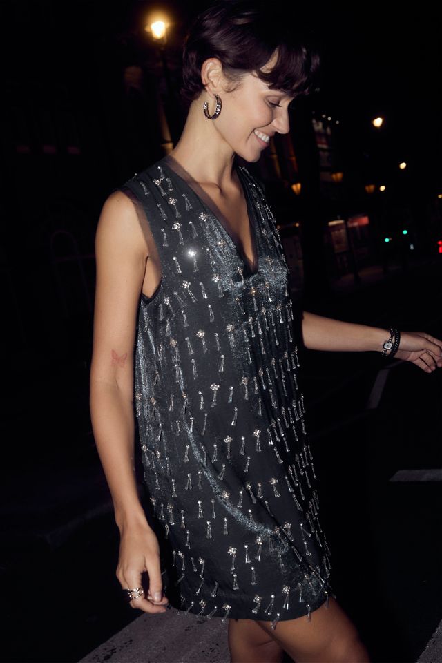 By Anthropologie Beaded V-Neck Mini Shift Dress #1