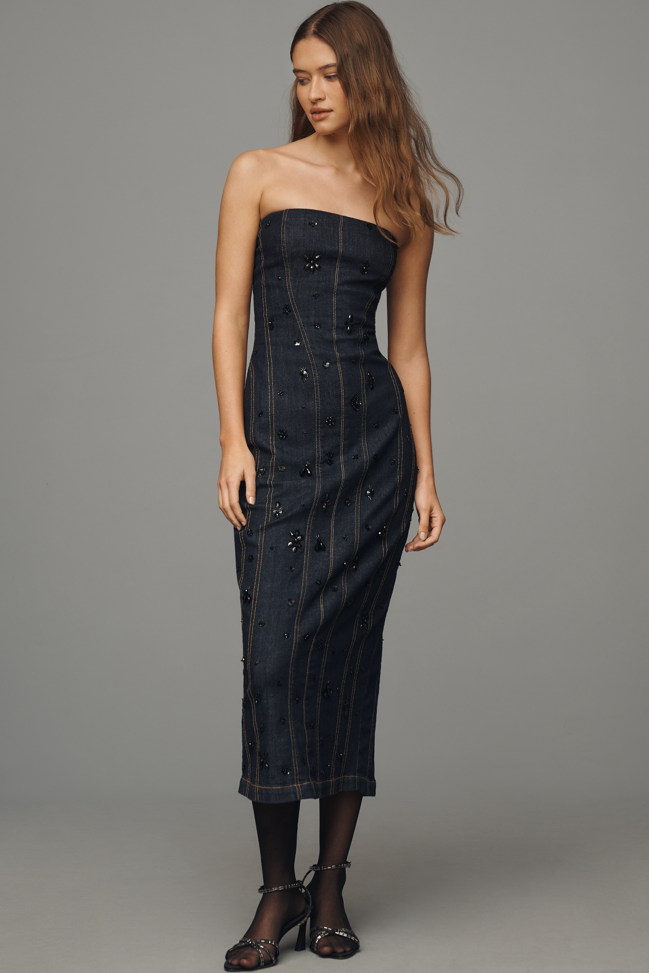 By Anthropologie Strapless Beaded Denim Dress