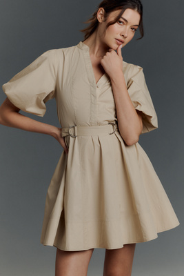 Derek Lam 10 Crosby Short-sleeve Cotton Mini Shirt Dress In Beige