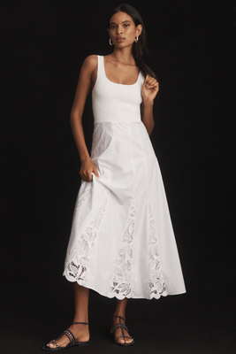 Derek Lam 10 Crosby Maeleyse Mixed Media Lace Detail Godet Pleat Stretch Cotton Midi Dress In White
