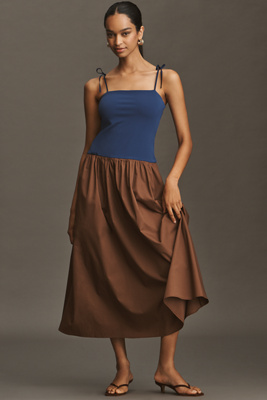 By Anthropologie Square-neck Twofer Midi Dress In Blue