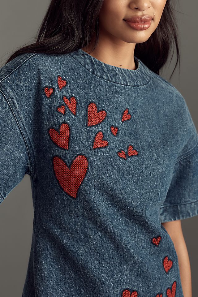 Dhruv Kapoor Short-Sleeve Embroidered Heart Denim Mini Dress Dhruv Kapoor Short-Sleeve Embroidered Heart Denim Mini Dress