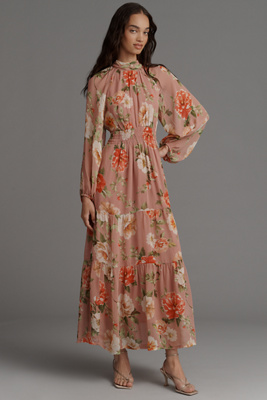 The Somerset Collection By Anthropologie The Somerset Maxi Dress: Long-sleeve Mock-neck Chiffon Edition In Brown