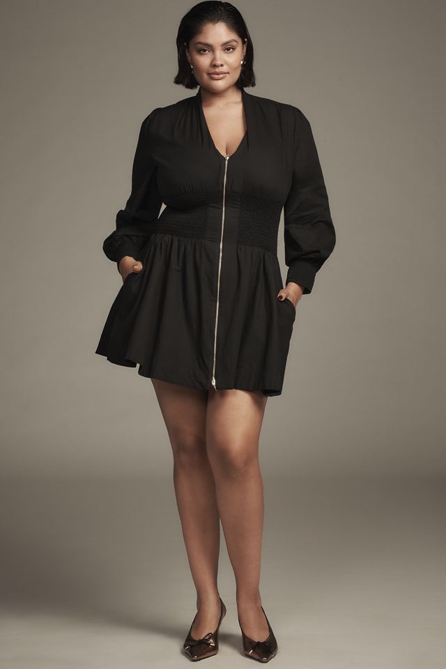 Tommie Long-Sleeve Smocked Front-Zip Mini Shirt Dress | AnthroHome