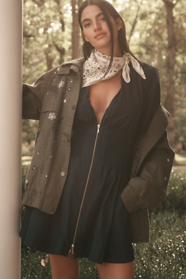 By Anthropologie The Tommie Long-sleeve Smocked Front-zip Mini Shirt Dress In Animal Print