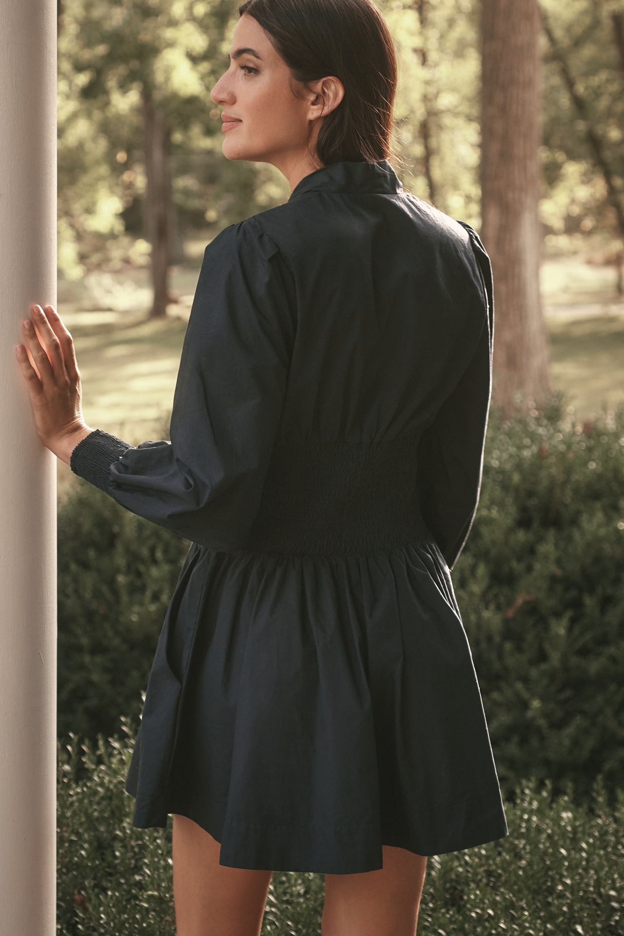 The Tommie Long-Sleeve Smocked Front-Zip Mini Shirt Dress