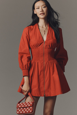 The Tommie Smocked Front-Zip Shirt Dress: Long-Sleeve Mini Edition