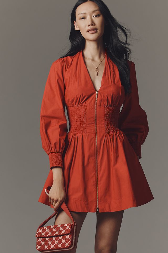 The Tommie Long-Sleeve Smocked Front-Zip Mini Shirt Dress
