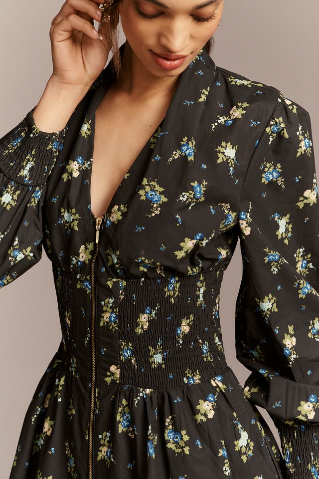 Tommie Long-Sleeve Smocked Front-Zip Mini Shirtdress #1