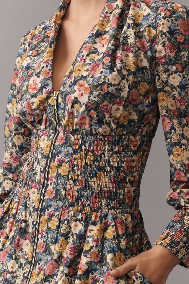 Tommie Long-Sleeve Smocked Front-Zip Mini Shirtdress #3